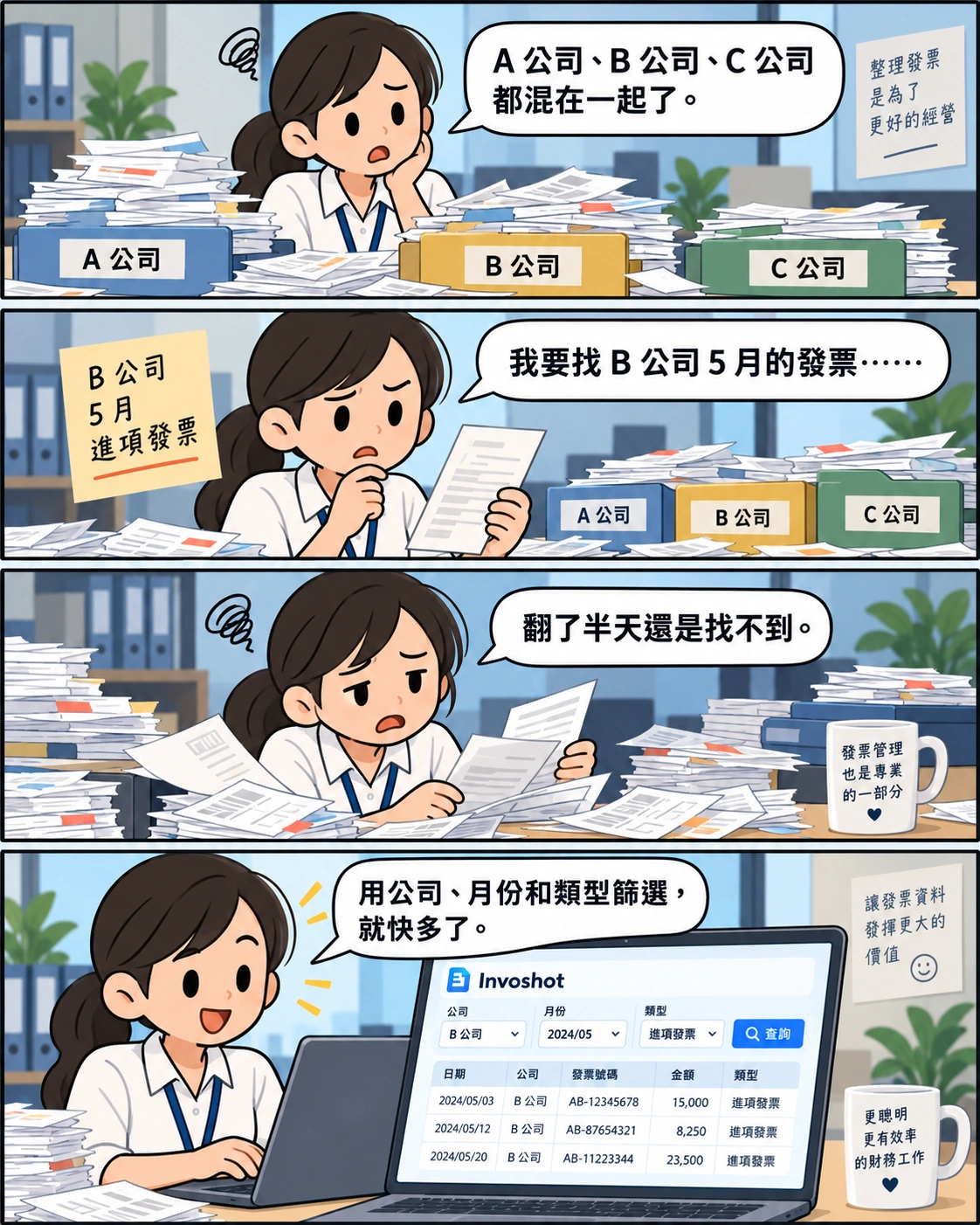 四格漫畫:A、B、C 公司發票混在一起,使用 Invoshot 依公司與月份篩選