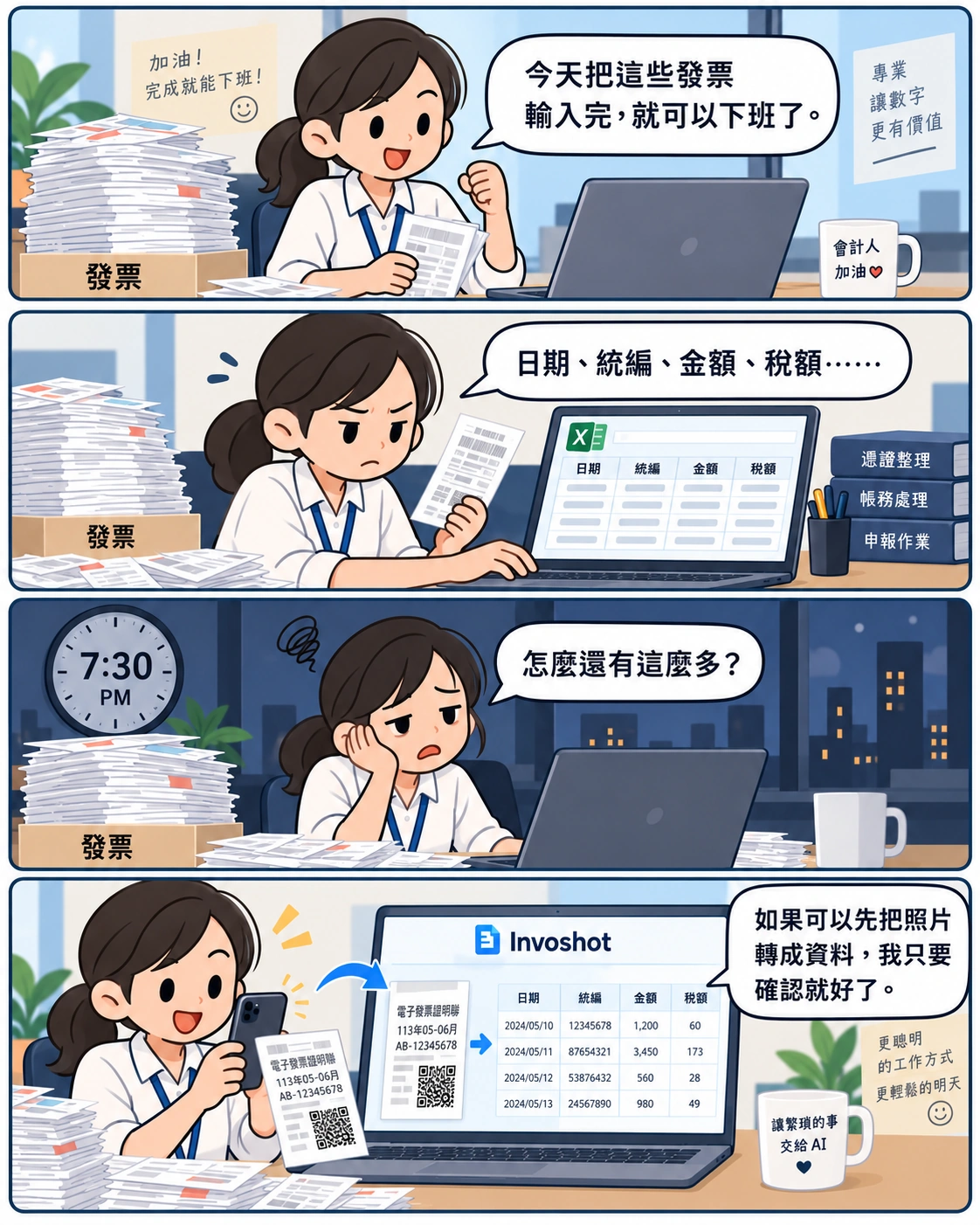 四格漫畫:會計人員把發票照片轉成可整理的欄位資料,再匯出到 Excel
