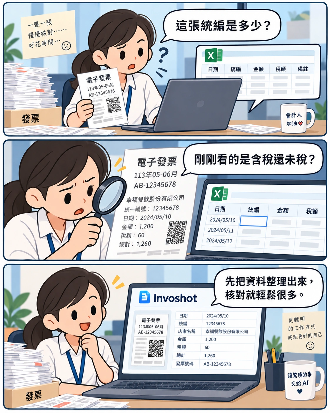三格漫畫:會計人員逐欄核對發票,使用 Invoshot 讓資料整理更容易