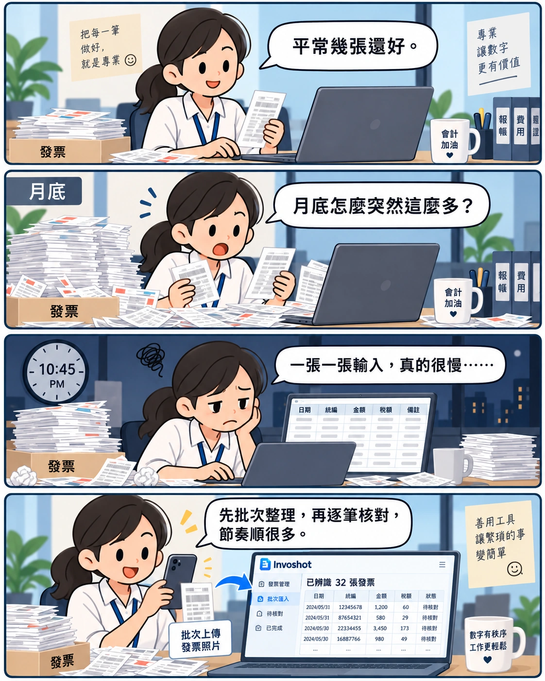 四格漫畫：月底發票大量湧入，會計人員改用 Invoshot 批次上傳整理